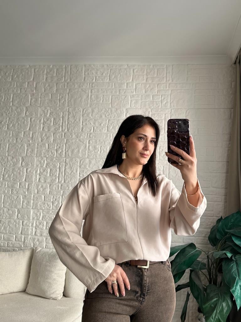 Kontrast Dikişli Tensel Kumaş Gömlek Bluz Taş