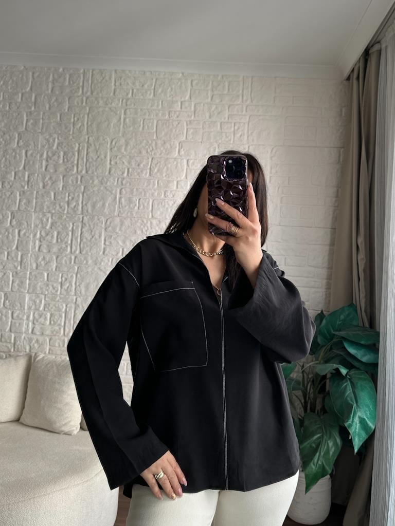 Kontrast Dikişli Tensel Kumaş Gömlek Bluz Siyah