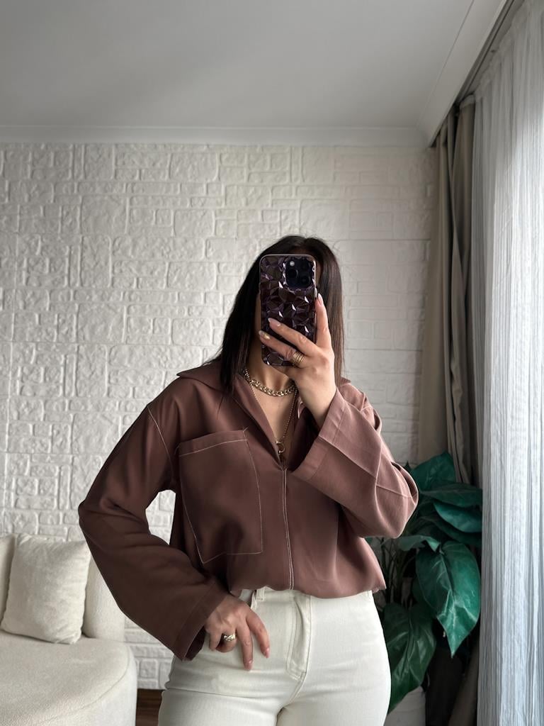 Kontrast Dikişli Tensel Kumaş Gömlek Bluz Kahverengi