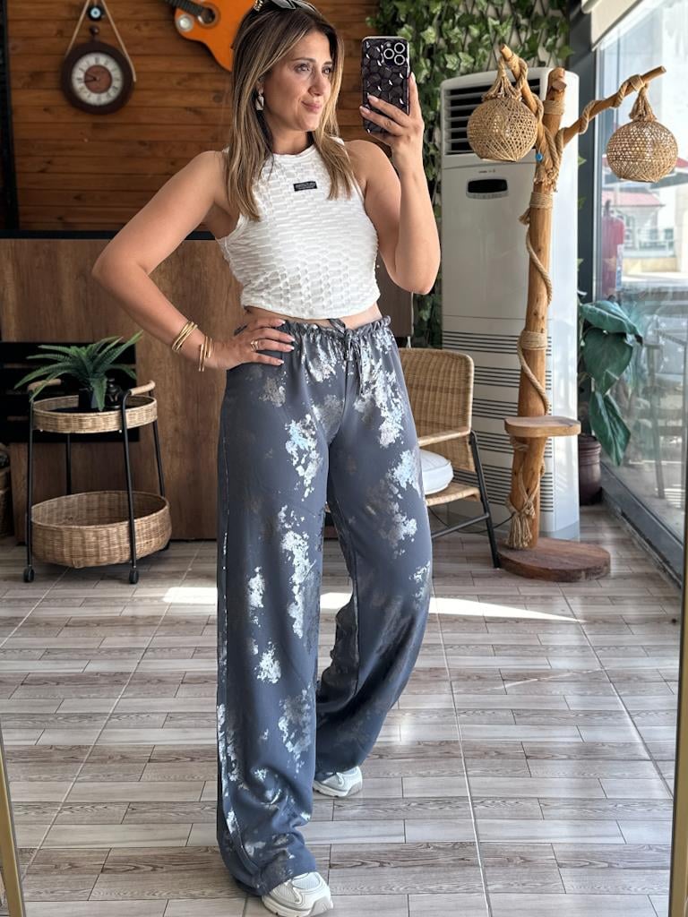 Koyu Gri Varak Baskılı Bel Bağlamalı Pantolon