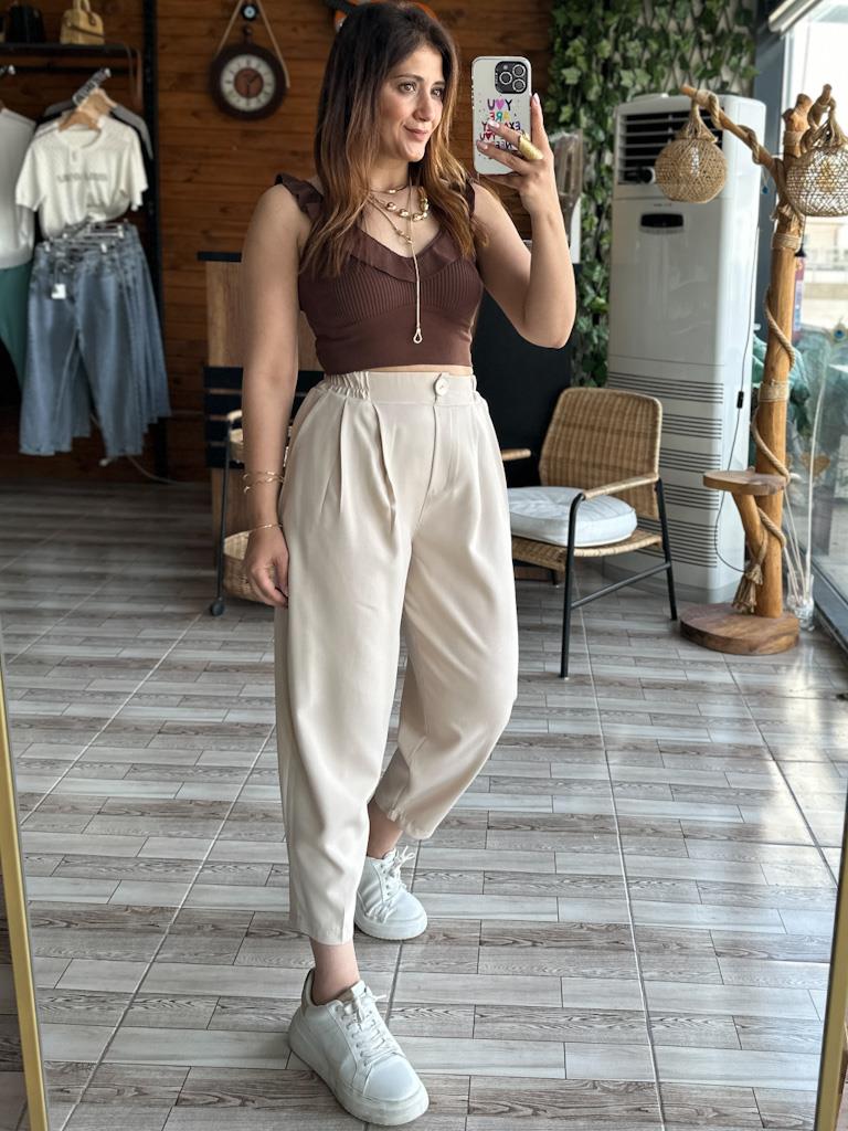 Krem Beli Lastikli Şalvar Model Pantolon