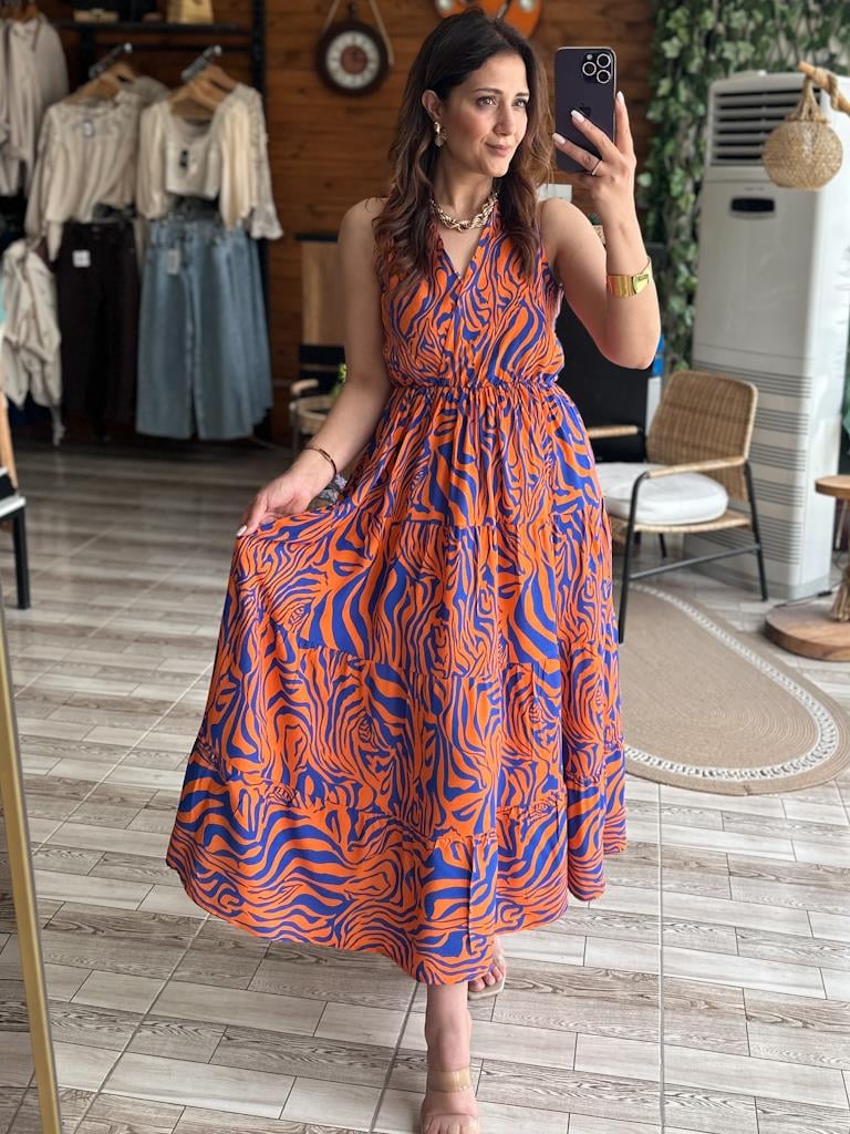 Kruvaze Yaka Sırt Dekolte Elbise Mor Turuncu