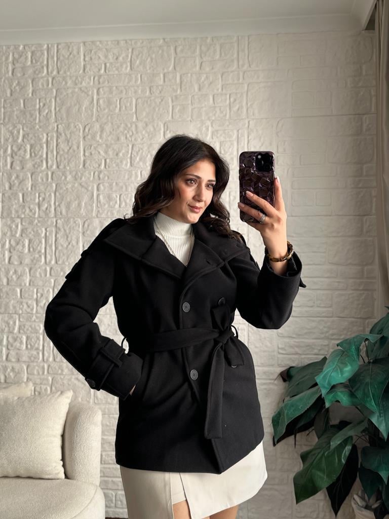 Kuşaklı Astarlı Kaşe Kaban Siyah