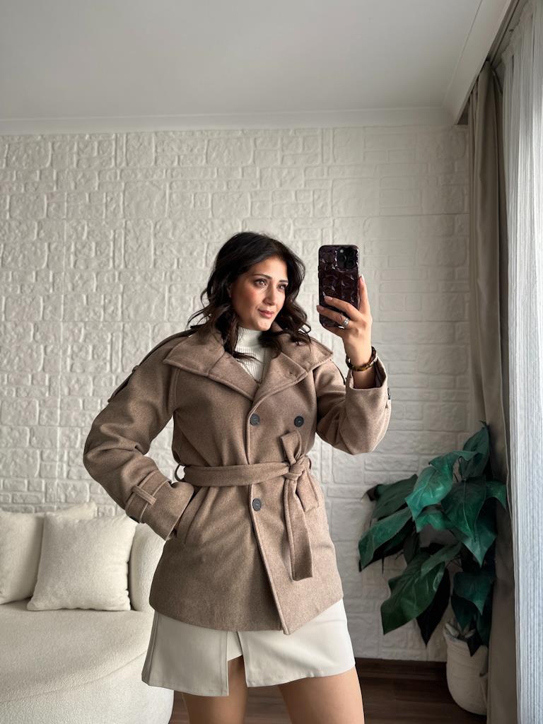 Kuşaklı Astarlı Kaşe Kaban Vizon