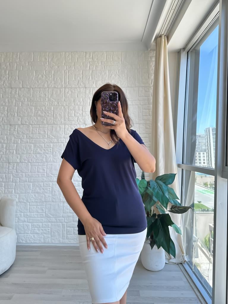 Lacivert Arka Ön V Yaka Modal Penye Tişört