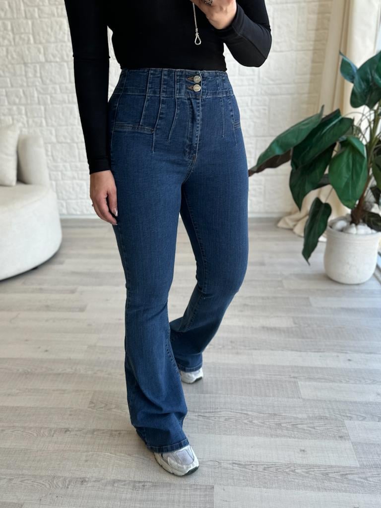 Lacivert  Bel Pens Detaylı İspanyol Paça Jean