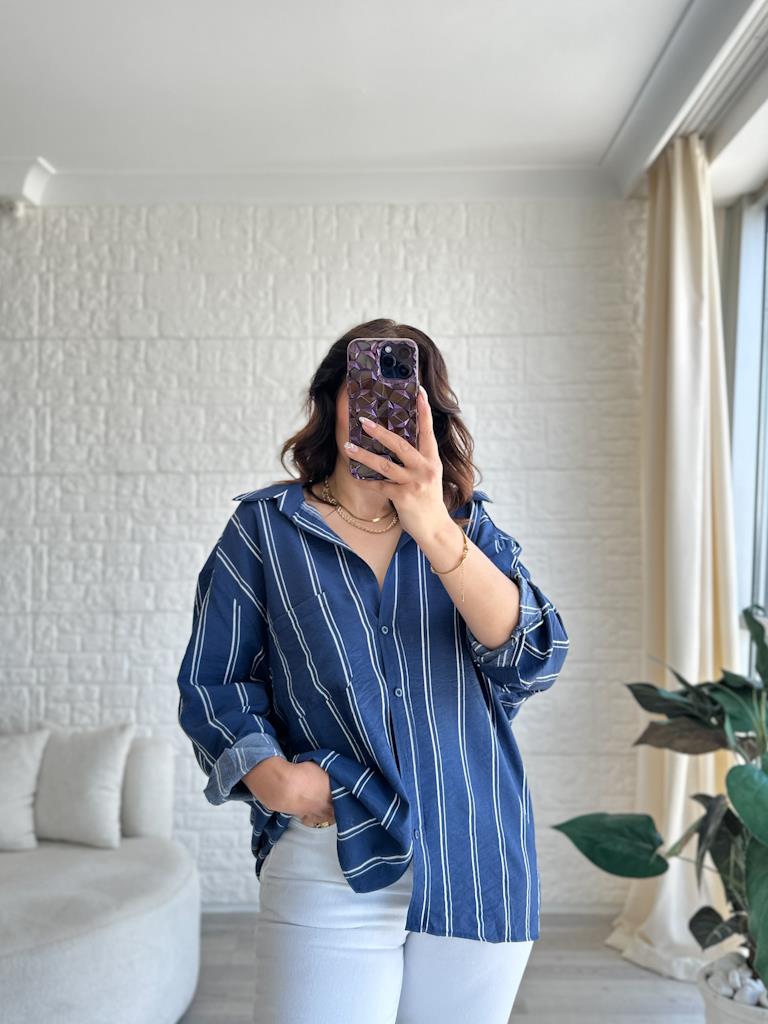 Lacivert Çift Çizgiili Modal Efil Gömlek