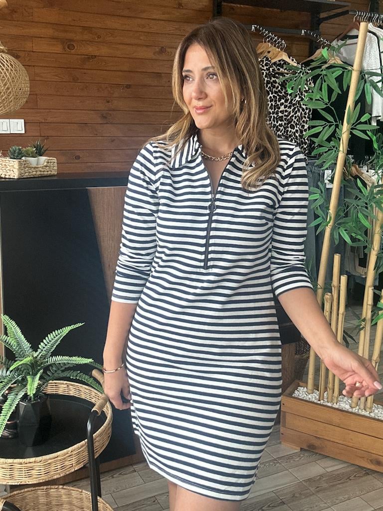 Lacivert Çizgili Polo Yaka Fermuarlı Sweat Elbise