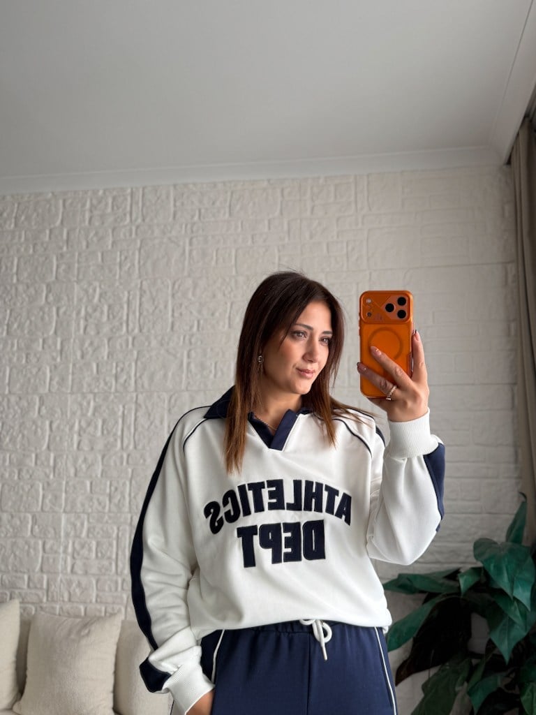 Lacivert Ekru Polo Yaka Athletics Nakışlı İki İplik Pamuk Sweat