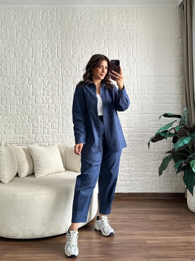 Lacivert  Gabardin Kumaş Paça Pensli Gömlek Pantolon Takım