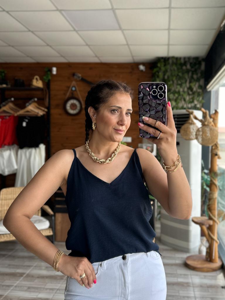 Lacivert İthal Aerobin Kumaş Askılı Bluz