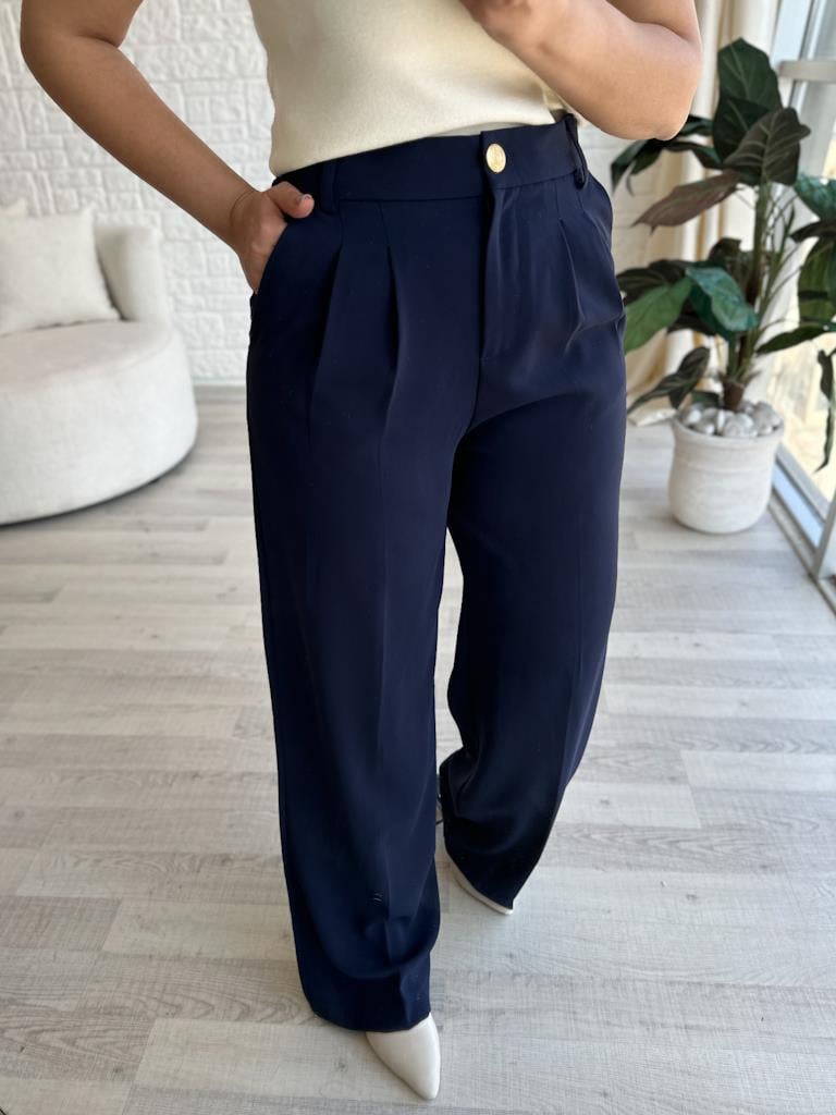 Lacivert Karol Arka Bel Lastikli Gold Düğme Detay Palazzo