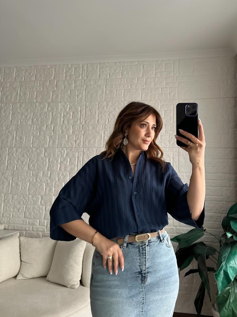 Lacivert  Kısa Kol Arka Pens Detay Gömlek