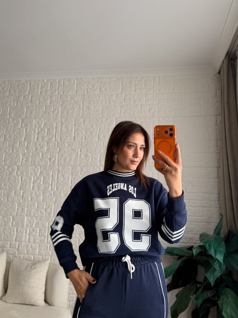 Lacivert Los Angeles Baskılı İki İplik Pamuk Crop Sweat