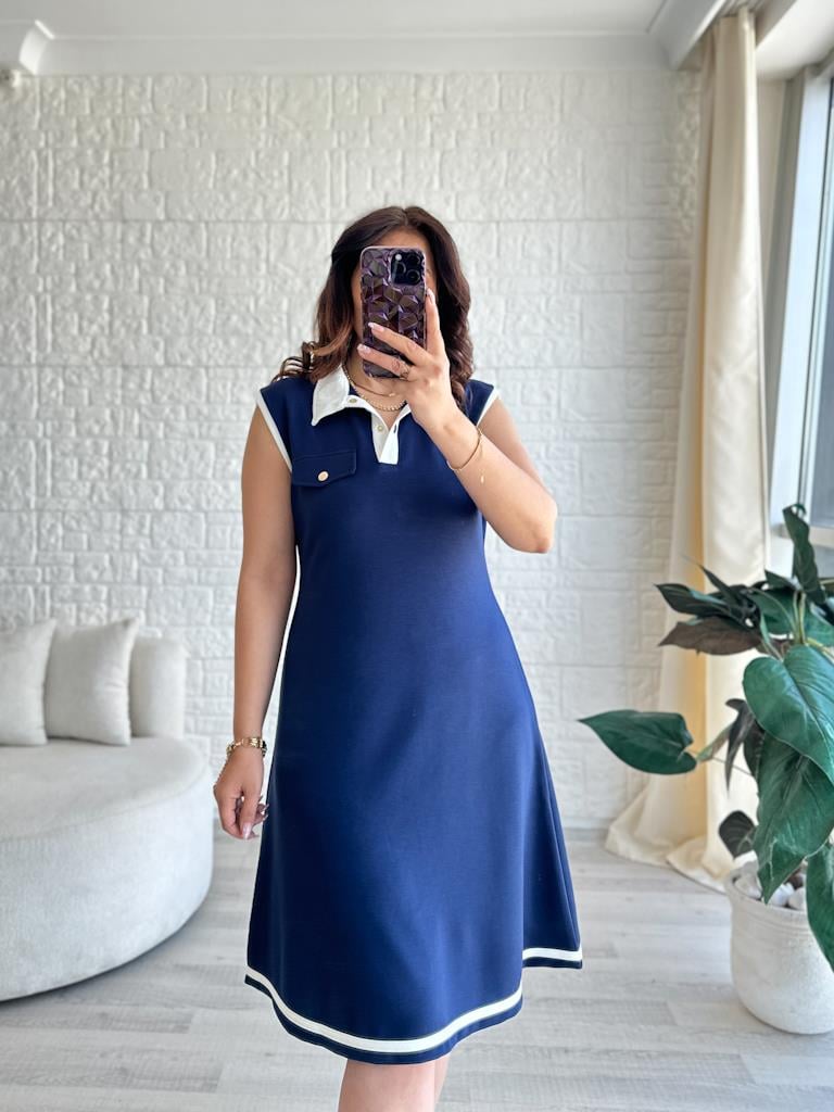 Lacivert Modal Kumaş Biyeli Polo Yaka Haki Kolsuz Elbise