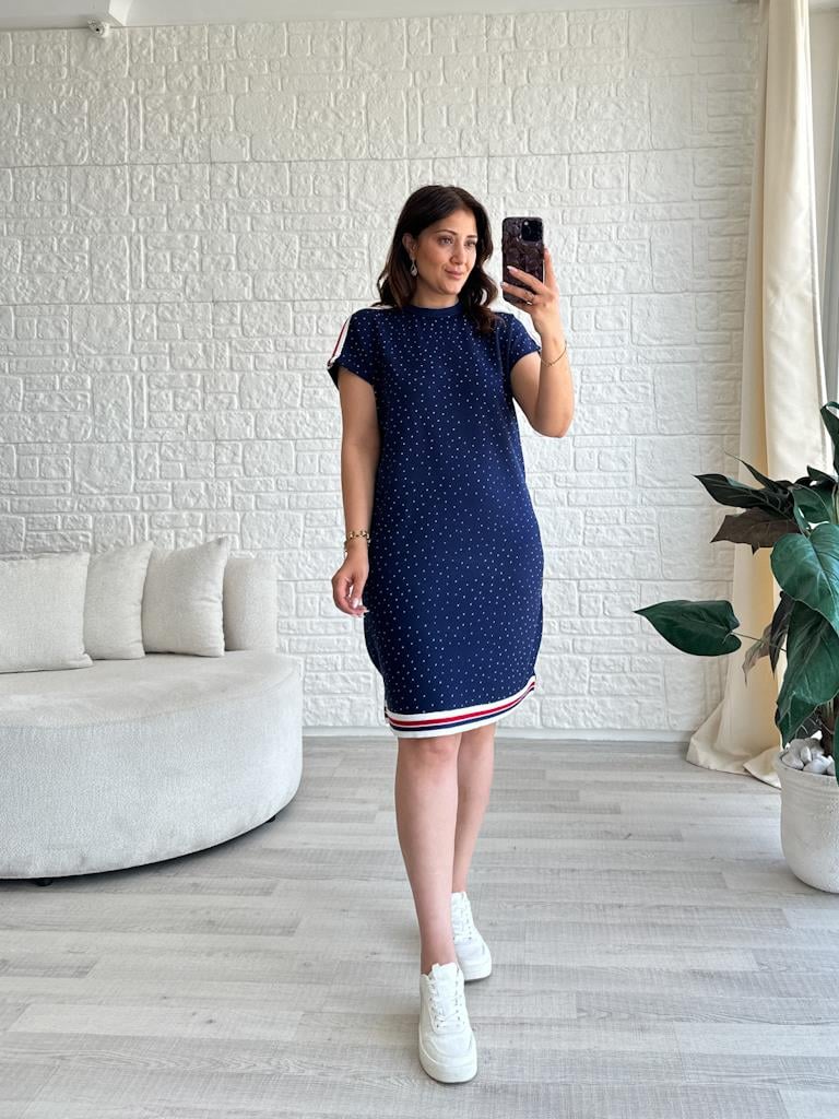 Lacivert Modal Taşlı Şeritli Elbise