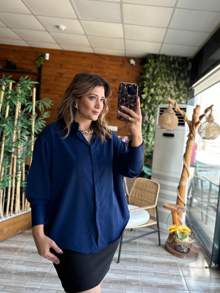 Lacivert Over Size İpek Krep Gömlek