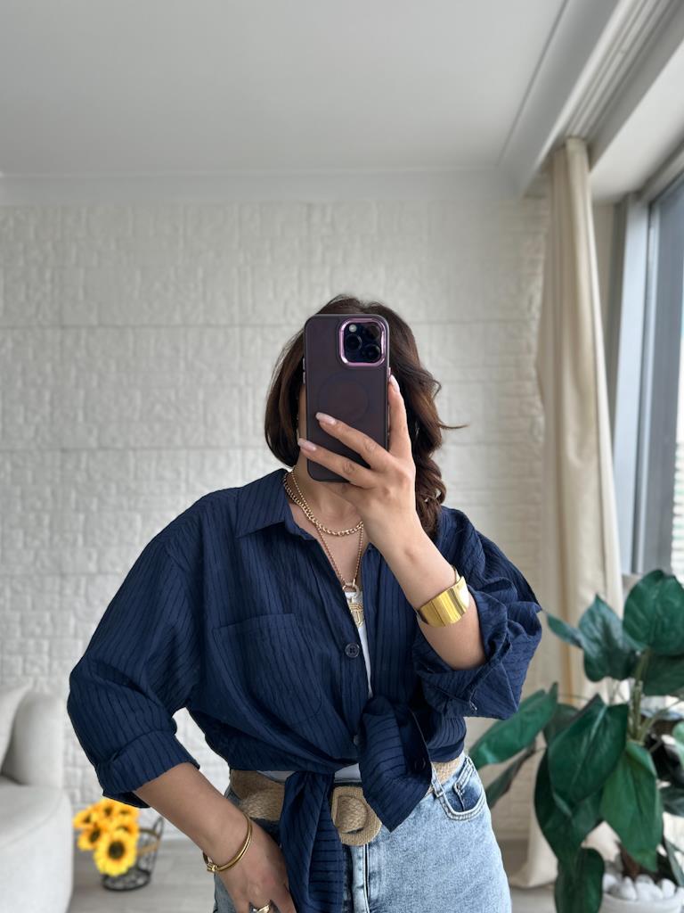 Lacivert  Panç Çizgili Oversize Gömlek