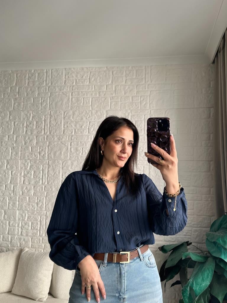 Lacivert  V Yaka Jakar Desenli Gömlek