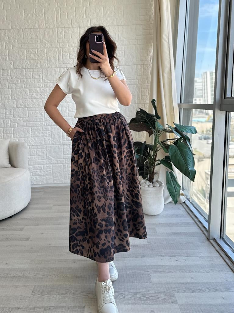 Leopar Desen Arka Bel Lastikli Cepli Etek