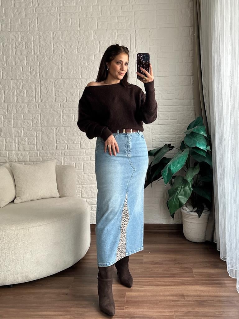 Leopar Detaylı Maxi Kot  Etek