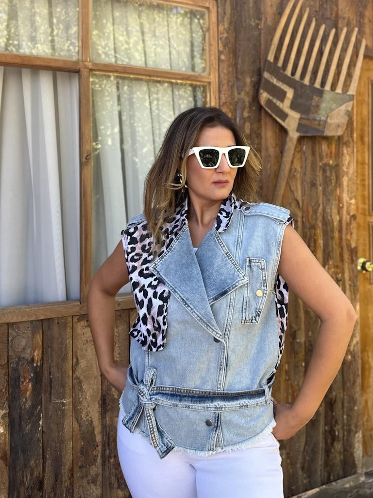 Leopar Detaylı  Twist Model Tasarım Jean Yelek