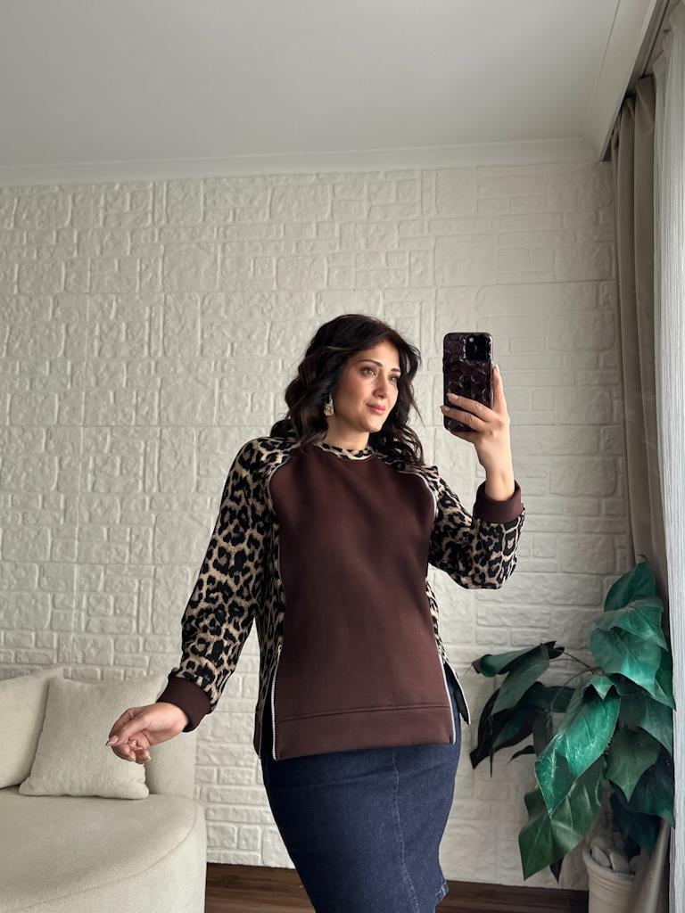 Leopar Fermuar Detaylı Üç İplik Şardonlu Sweetshirt Kahverengi