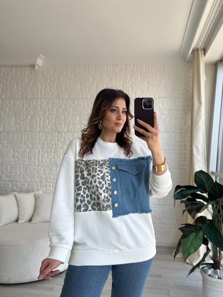 Leopar Ve Jean Detaylı Sweatshirt Ekru