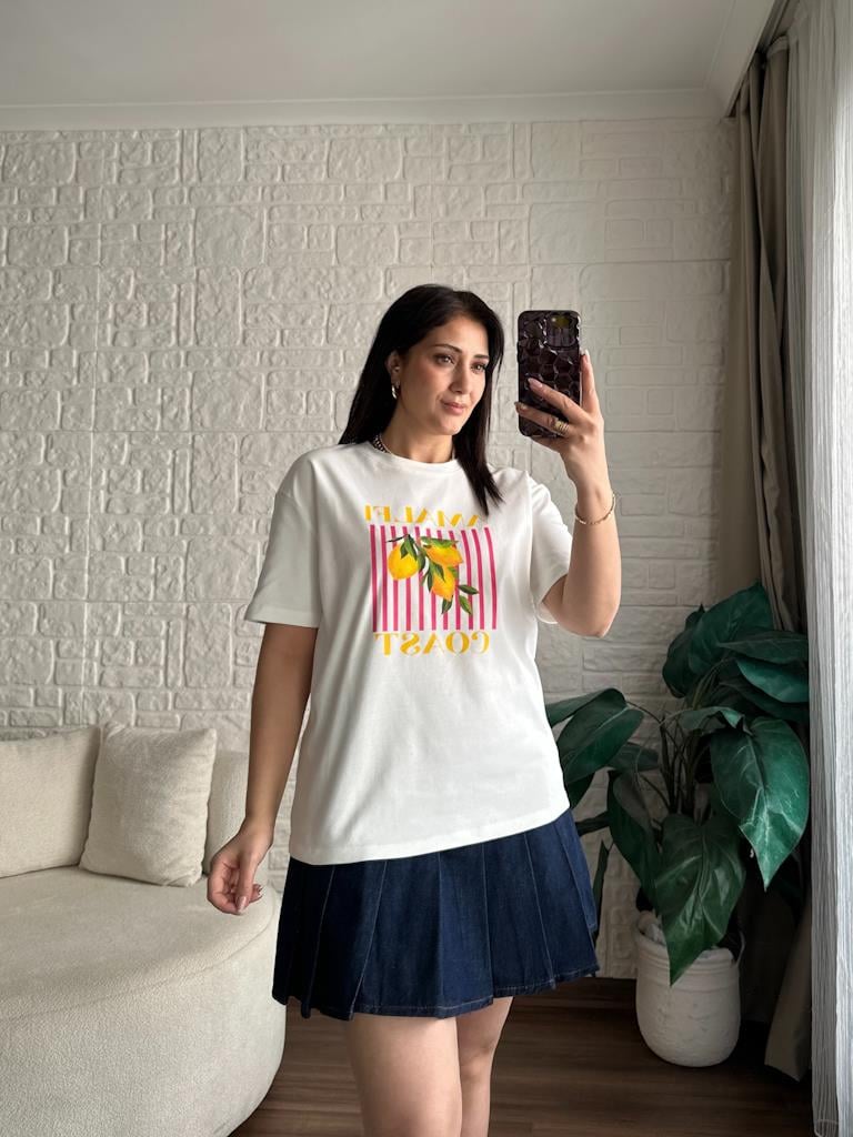 Limon Baskılı Basic Pamuk Tişört Beyaz