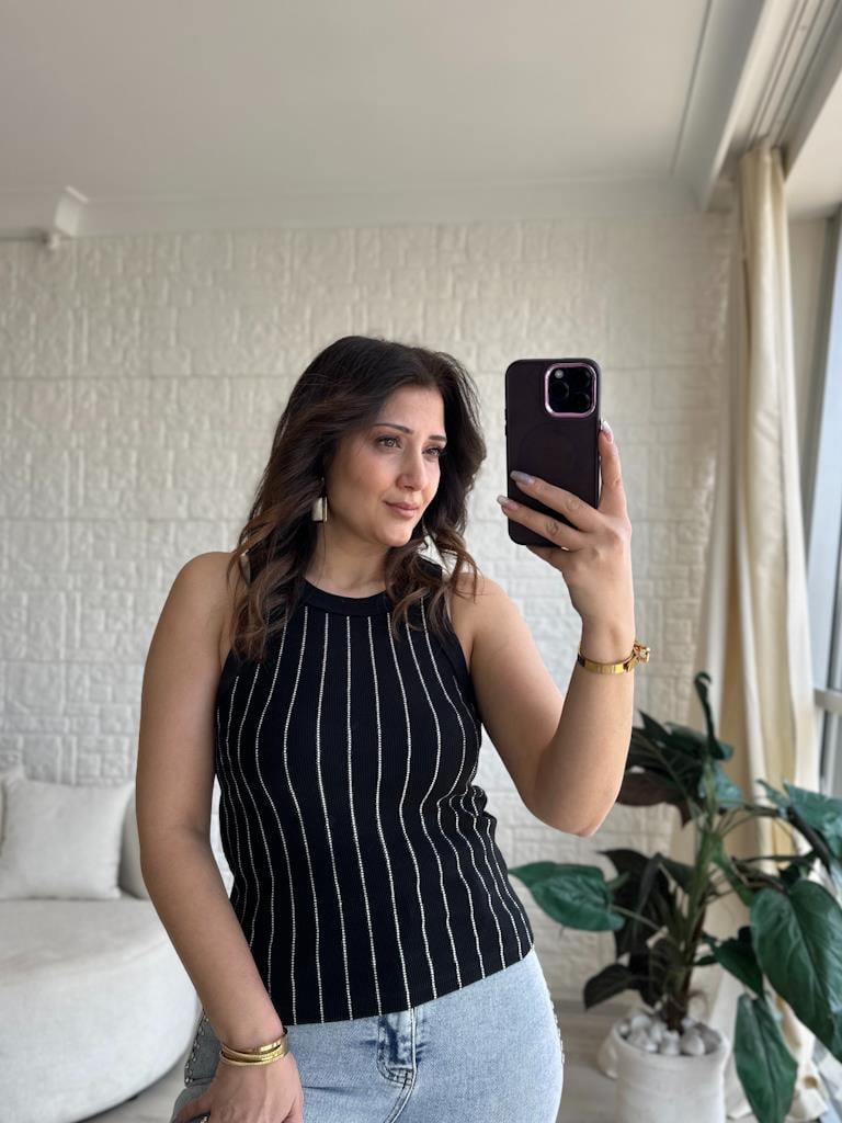 Lüks Kalite Halter Yaka Taş Baskılı Bluz Siyah