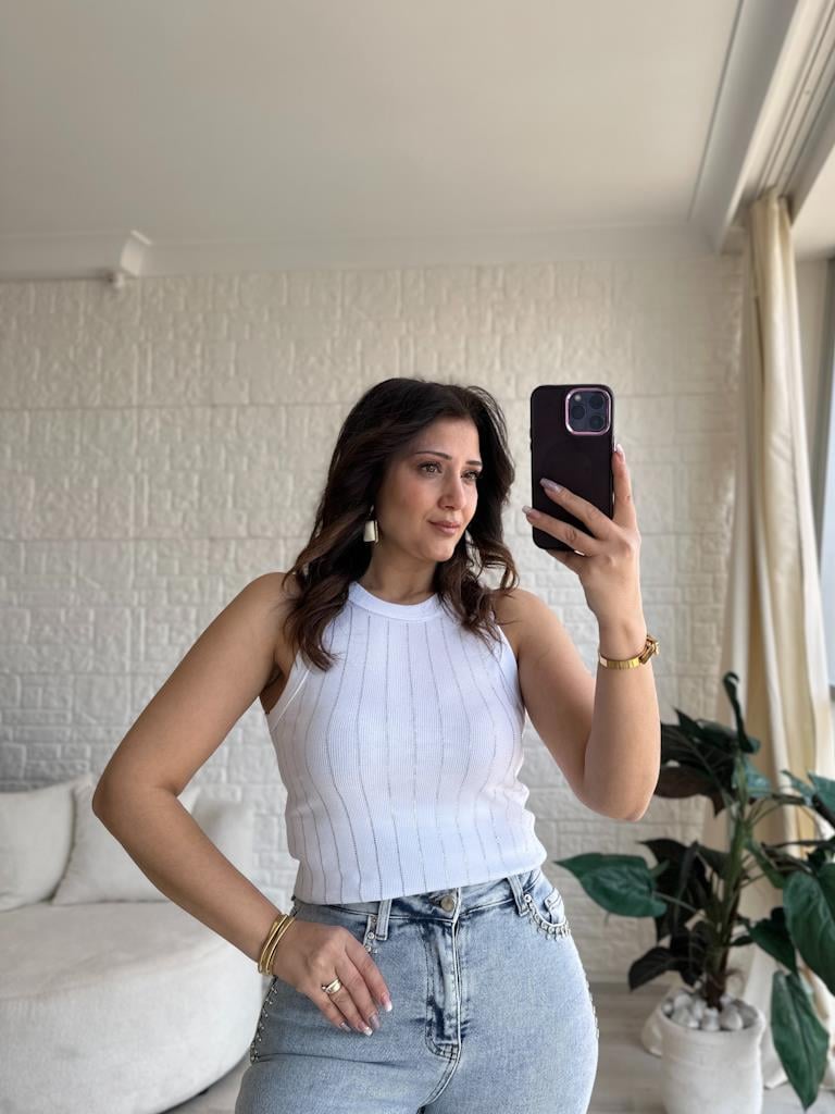 Lüks Kalite Halter Yaka Taş Baskılı Bluz Beyaz