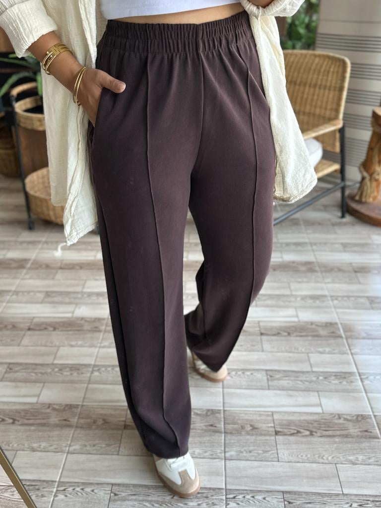 Lüks Kalite Modal Kumaş Çıma Dikiş Detaylı Palazzo Kahverengi