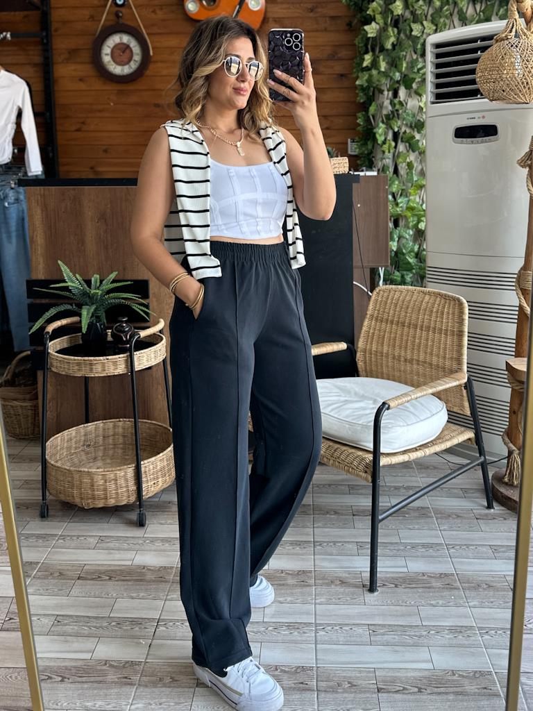 Lüks Kalite Modal Kumaş Çıma Dikiş Detaylı Palazzo Siyah