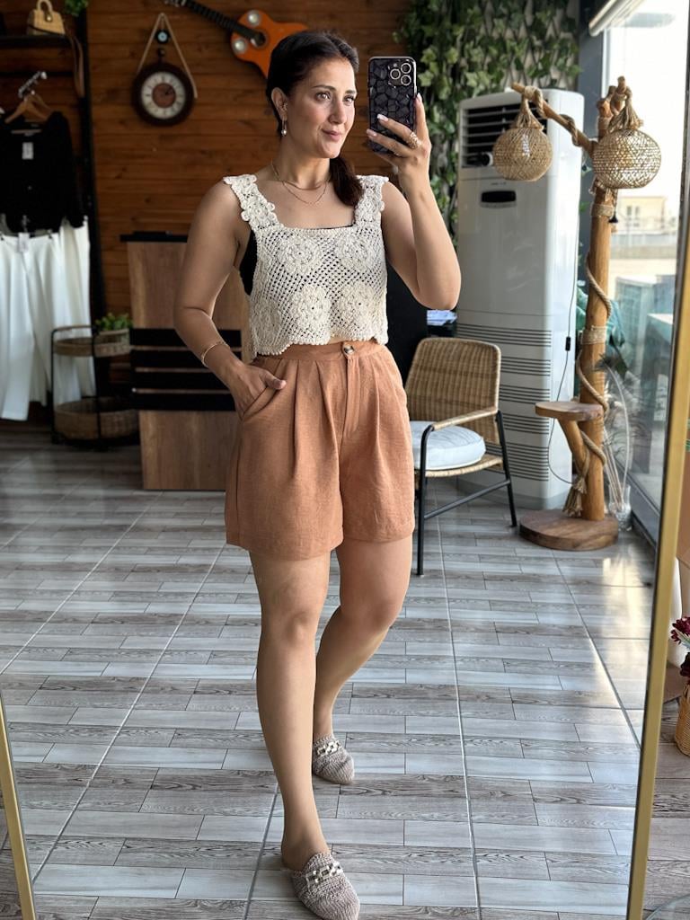 Lüks Kalite Taba Renk Pensli Şort