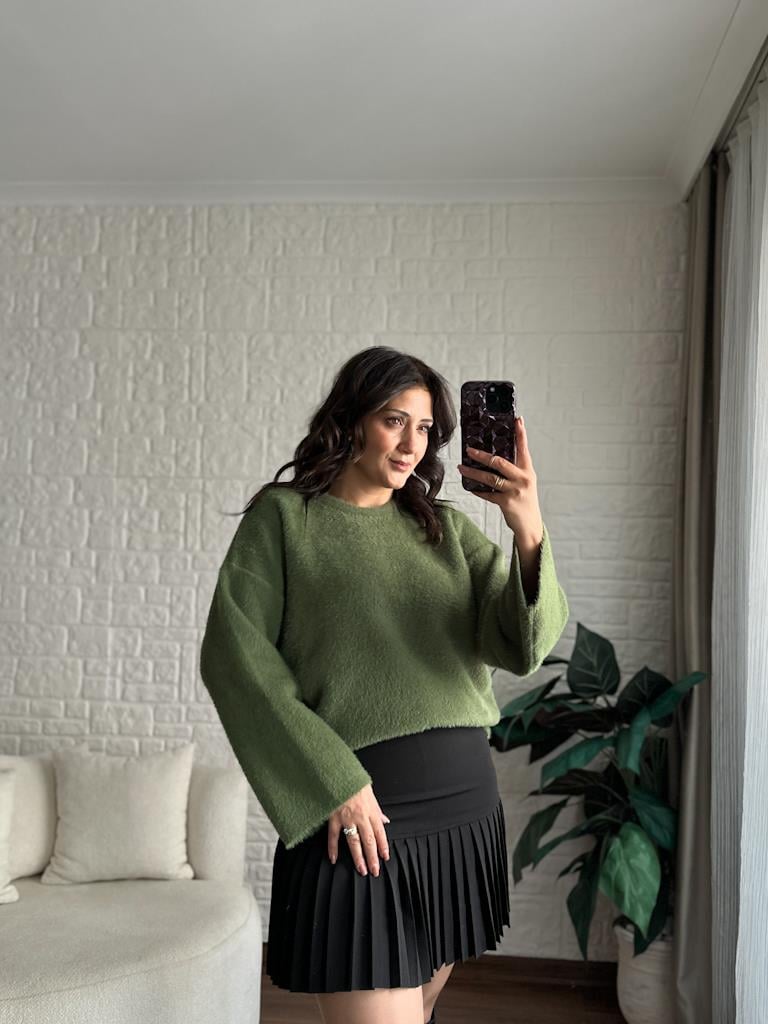 Marka Model Premium Oversize Yumoş Kazak Yeşil