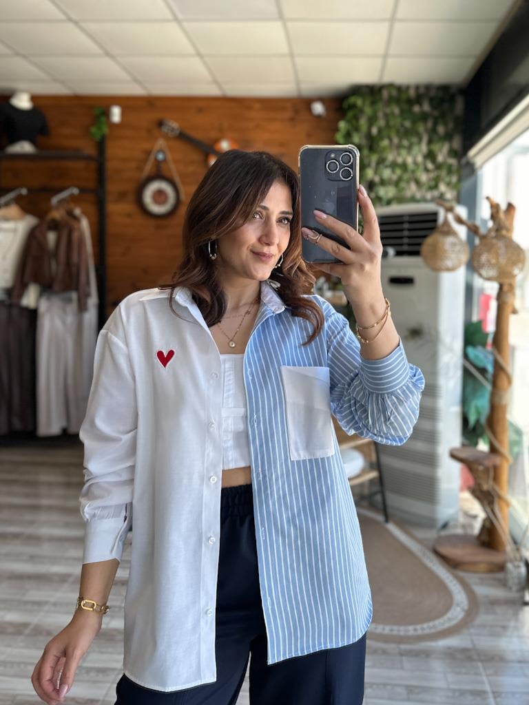 Mavi Beyaz Çizgili Kalp Nakış İşleme Poplin Kumaş Gömlek