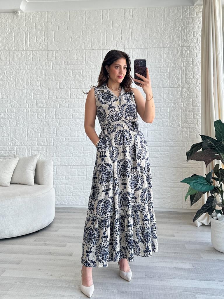 Mavi  Desenli Gömlek Yaka Viskon Elbise