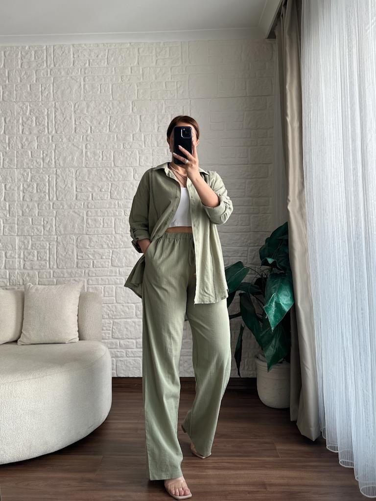 Merdiven Şeritli Keten Gömlek Pantolon Takım Haki