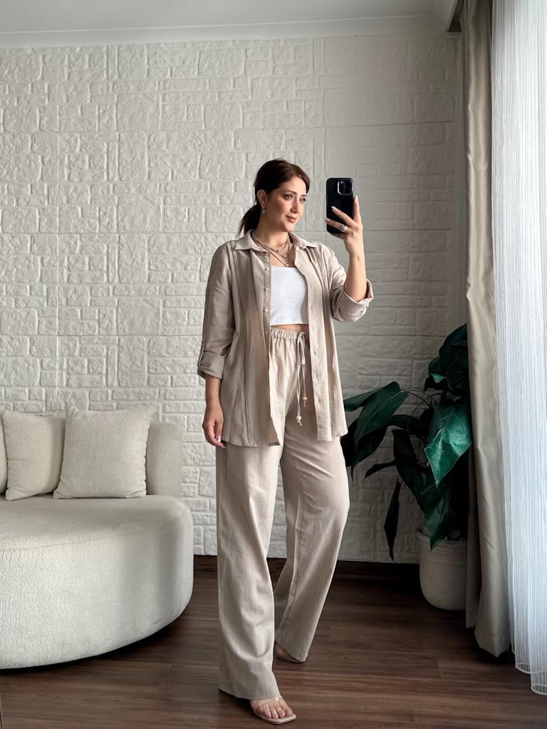 Merdiven Şeritli Keten Gömlek Pantolon Takım Bej