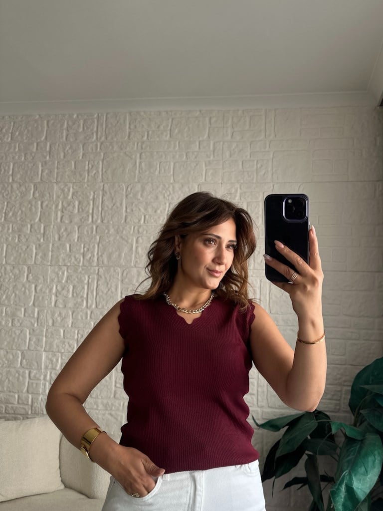 Merdiven Yaka Ajur Desenli Full Likralı Triko Bluz Bordo