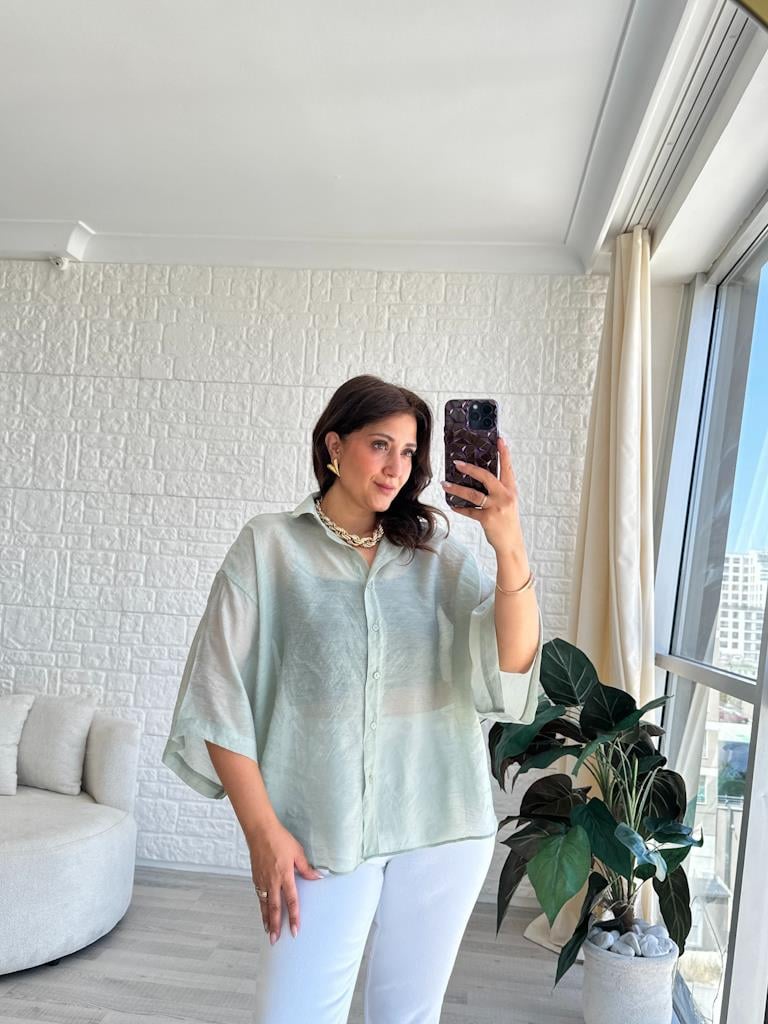 Mİnt Yeşil Oversize Kısa Kol Transparan Tül Gömlek