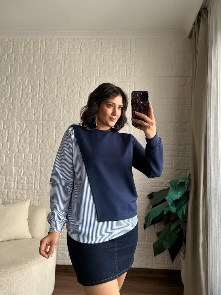 Modal Kumaş Gömlek Garnili Omuz Düğmeli Tasarım Bluz Lacivert