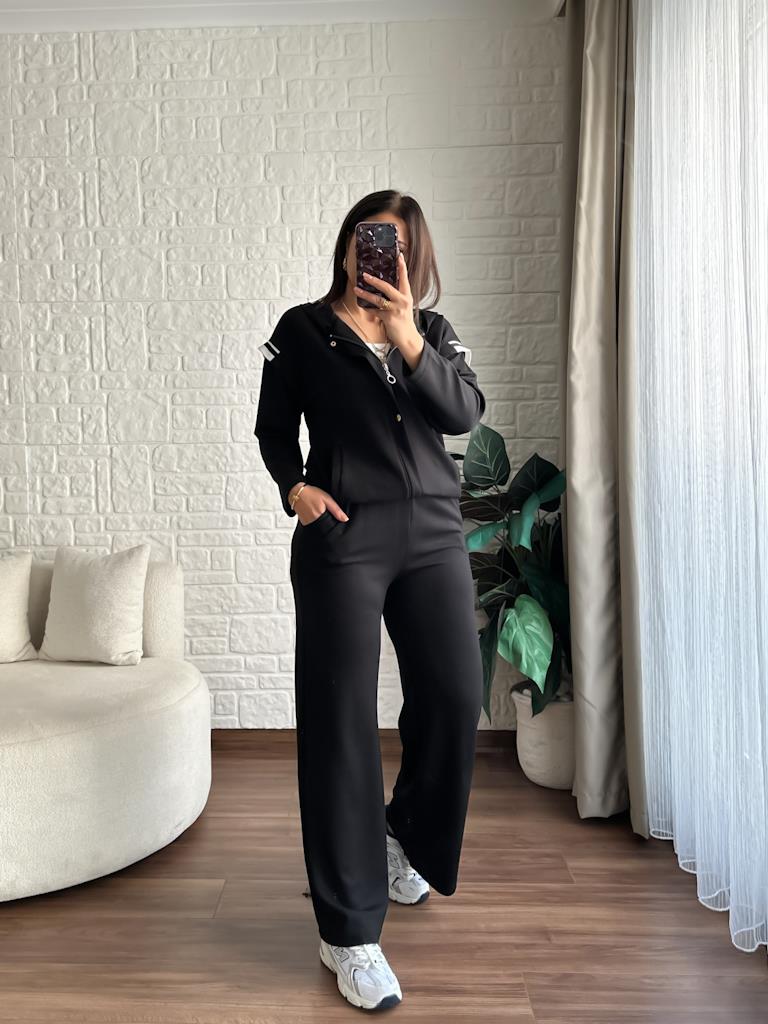 Modal Kumaş Kapşonlu Fermuarlı Kol Ribana Detay Takım Siyah