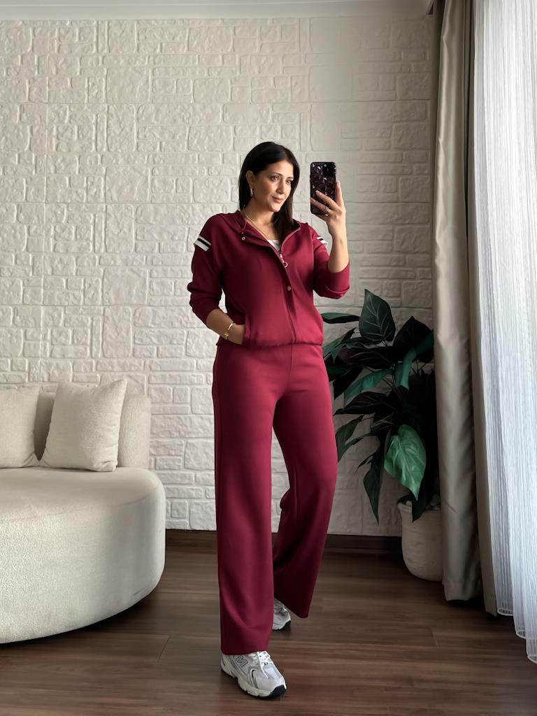 Modal Kumaş Kapşonlu Fermuarlı Kol Ribana Detay Takım Bordo