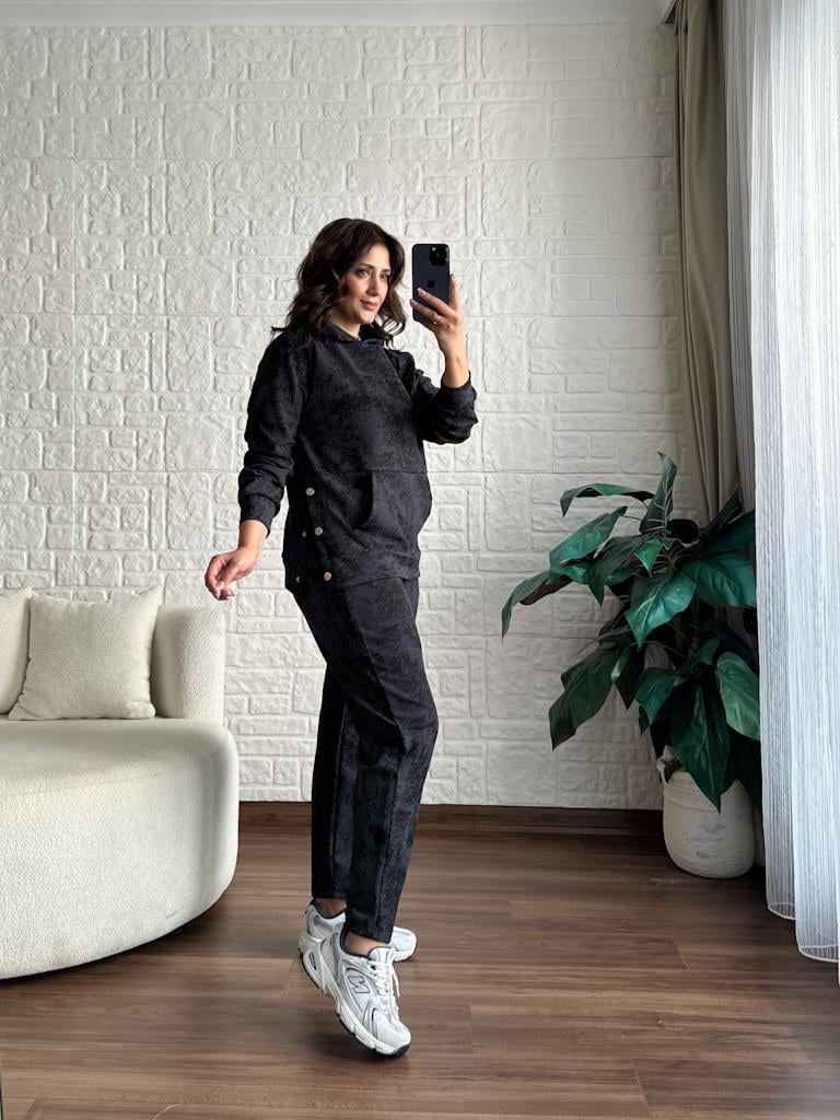 Modal Kumaş Yan ÇıtÇıtlı Batik Model Modal Takım Antrasit