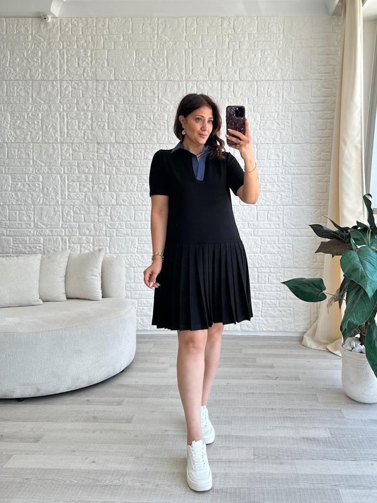 Modal Pileli Polo Yaka Elbise