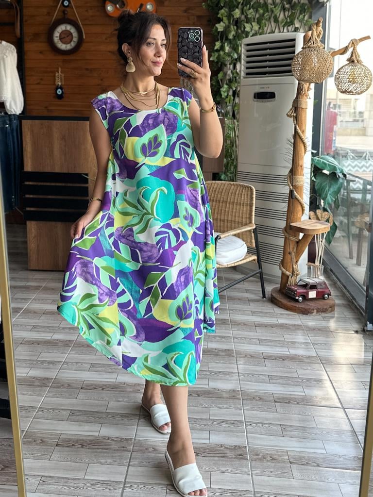 Mor Sarı Desen Geniş Yaka Askılı Salaş Elbise