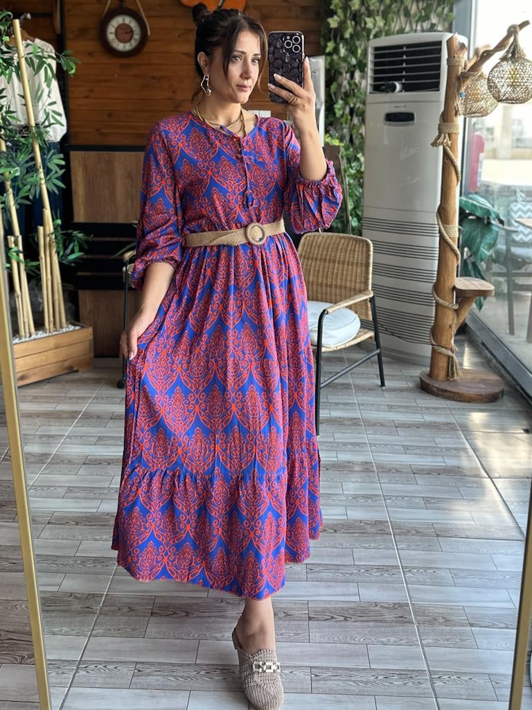 Mor Turuncu Desen Salaş Kalıp Viskon Maxi Elbise