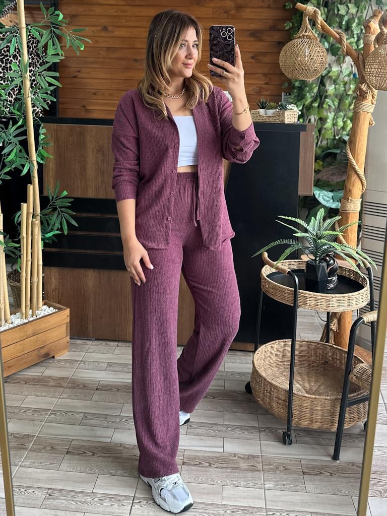 Mürdüm Beli Lastikli Cep Detaylı Gömlek Takım