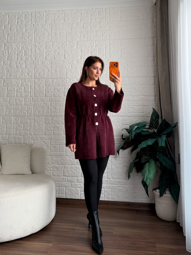 Mürdüm Beli Lastikli Gold Düğmeli Yumoş Tunik Hırka